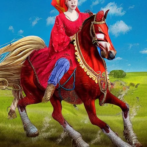 Prompt: The digital art shows the heroine riding on a magnificent red horse. She is clad in a traditional Russian folk costume, complete with a brightly-colored headscarf. Her face is pale and beautiful, with a look of resolve in her eyes. Behind her, the horse's hooves churn up the earth as they gallop across the countryside. In the distance, the dark forest looms, its trees reaching up into the sky. raypunk by Tim Walker sad