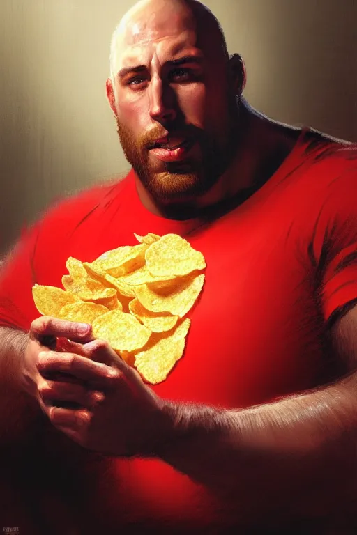 Prompt: close up portrait of the big guy ryback in a red t - shirt eating potato chips from a bag while sitting at a desk, looking at camera, portrait dnd, painting by gaston bussiere, craig mullins, greg rutkowski, yoji shinkawa