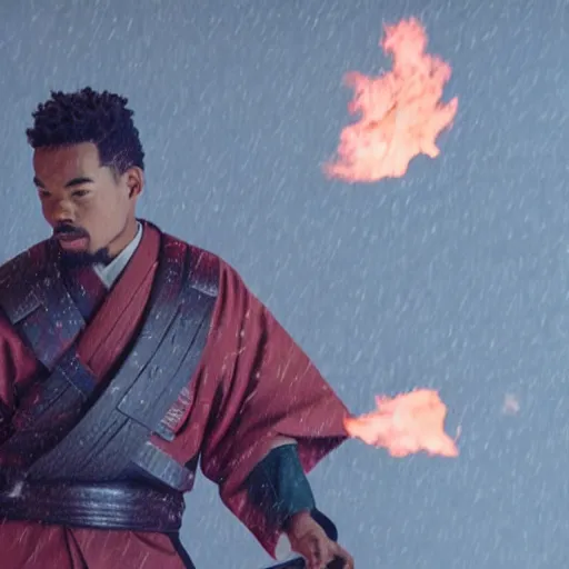 Image similar to cinematic film still of Chance The Rapper starring as a Samurai holding fire, Japanese CGI, VFX, 2022, 40mm lens, shallow depth of field, film photography