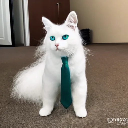 Image similar to fluffy white cate with green and blue eyes wearing a suit and tie