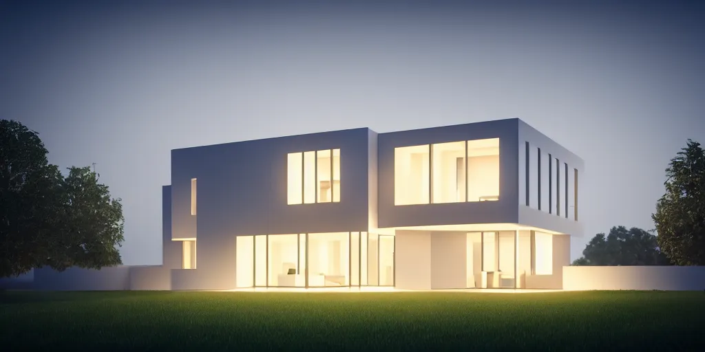 Prompt: A beautiful realistic architectural rendering of a modern minimalistic house with a mysterious glow emitting from inside, by octane render and corona render