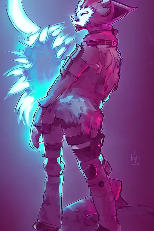 Image similar to a cyberpunk anthropomorphic wolf with a fluffy tail, comic art, trending on furaffinity, cartoon, kawaii, backlighting, furry art!!!, neon, concept art