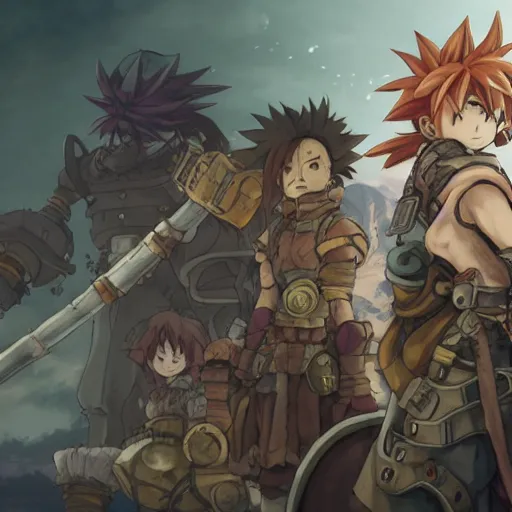 Image similar to steam punk, chrono trigger, detailed anime characters, starring crono, marle and ayla, vivid light, greg rutkowski, uhd, uhd uhd uhd, 8 k, shallow depth of field, intricate detail, concept art!