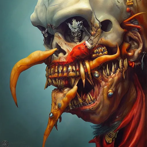 Prompt: grotesque pirate demon, by rutkowski and giuseppe arcimboldo, james jean and erik jones and rhads, ultradetailed, photorealistic details, full frame, trending artstation