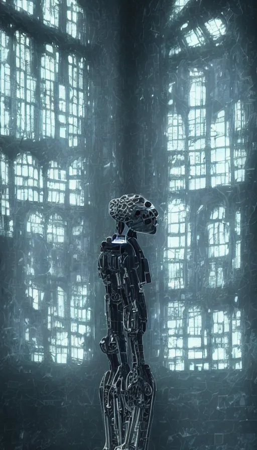 Image similar to portrait of broken humanoid metal robot praying in empty church, sunshine through window, bladerunner, cold color scheme, digital illustration, artstation, cinematic composition, detailed textures