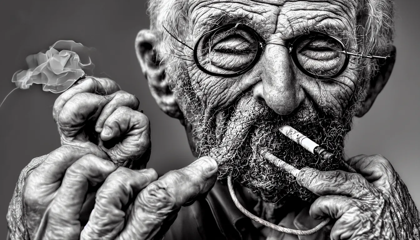 Image similar to hyper realistic color photo, portrait of a single weathered old man smoking pipe, cables and fibres emerge from his mouth and ears, dramatic shadow!!, full colour, upscale, 8 k, masterpiece