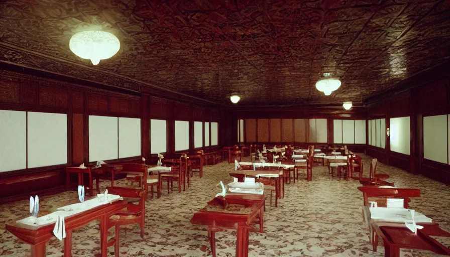 Image similar to 2010s movie still of empty north-korean royal restaurant palace, Cinestill 800t 35mm, heavy grain, high quality, higly detailed