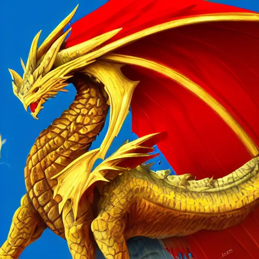 Image similar to a majestic dragon with azure blue eyes, iron claws, golden wings and scarlet red skin, hd, 4k, trending on artstation, award winning, 8k, 4k, 4k, very very very detailed, high quality pixel art