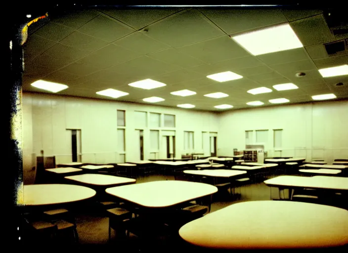 Prompt: polaroid photograph of a large white empty breakroom, retrofuturist liminal space, hundreds of old faux wood tables, crt tv mounted, trypophobia architecture, familiar place, clean, black mold, warm light, amateur, soft vintage glow, unreal engine, photorealistic, trending on artstation