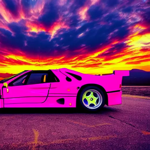 Prompt: neon synthwave ferrari f 4 0, at sunset, 8 k. filling most of the view