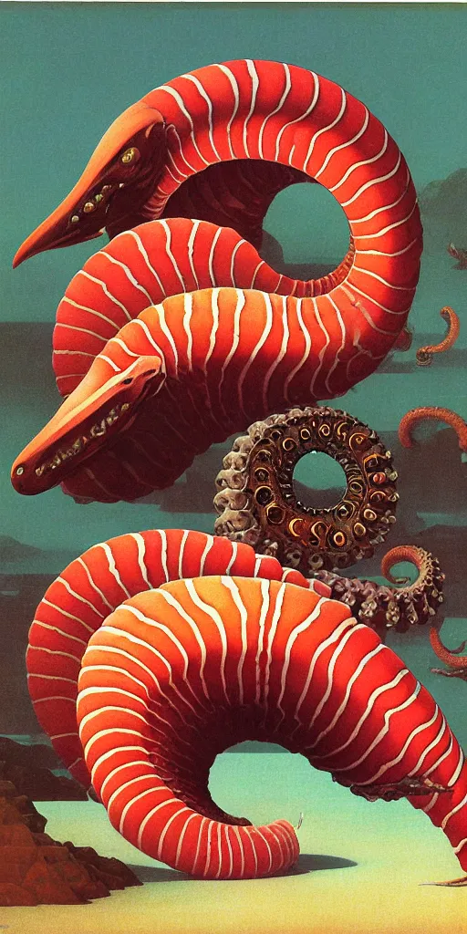 Image similar to portrait of the ammonite skesis supermodel clad in coral armor biting into a juicy squid, by kawase hasui, dorothea tanning, moebius, edward hopper and james gilleard, aivazovsky, zdzislaw beksinski, steven outram colorful flat surreal design