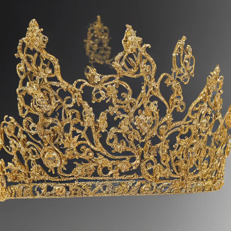 Image similar to Ultra realistic fantasy tiara, intricate detailed, gilded gold and diamonds, sharp focus, octane render, high quality, 8k, volumetric lighting, on black background !dream