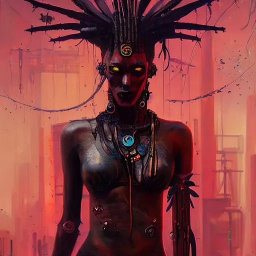 Prompt: cyberpunk voodoo by greg rutkowski and android jones, oil on canvaS, afrofuturism, death tarot, synthwave colorscheme