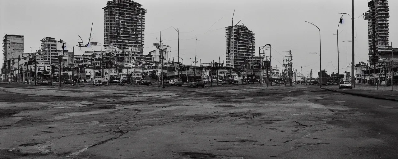 Prompt: apocaliptic Portrait of the city of Mar del Plata with a offshore oil dripping , by Tom Bunk and stephen Shore, 35mm