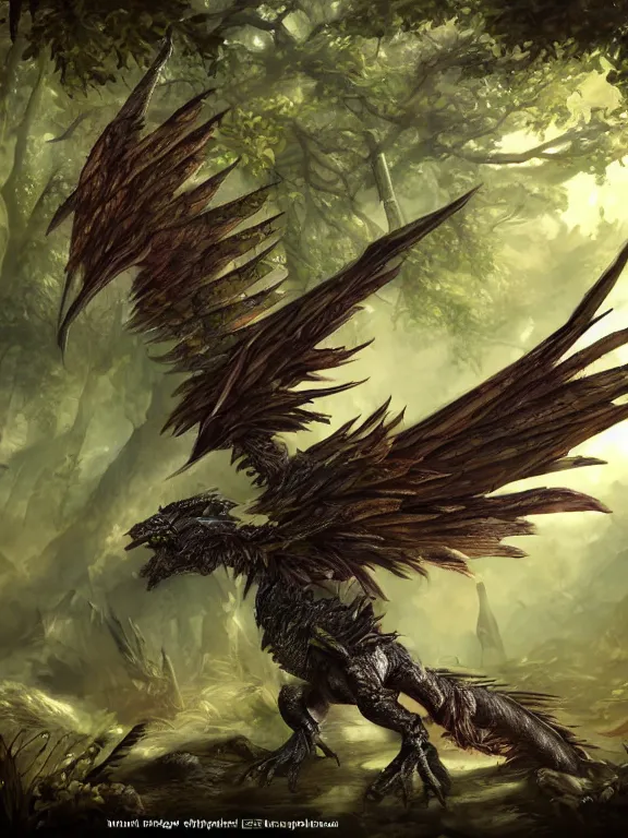 Image similar to final fantasy winged reptile, in the woods, highly detailed, digital art, sharp focus, trending on art station, warhammer fantasy,
