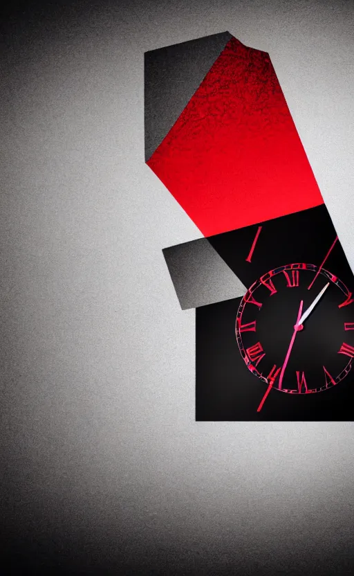 Image similar to a melting Roman numeral clock, behind a red and black gradient background, awith a black heart shaped on the top left corner and a black diamond card shape in the bottom right corner, dynamic lighting, photorealistic fantasy concept art, trending on art station, stunning visuals, cinematic, creative, ultra detailed