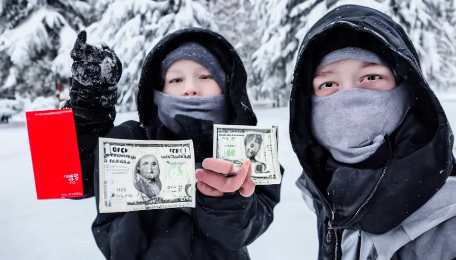 Prompt: A stunning beautiful professional photograph of a kid in a ski mask holding two full bags of cash, from Time magazine, award-winning photography, taken with Sony alpha 9, sigma art lens, full body shot