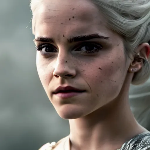 Image similar to Emma Watson as Daenerys Targaryen, XF IQ4, f/1.4, ISO 200, 1/160s, 8K, Sense of Depth, color and contrast corrected, Nvidia AI, AI enhanced, Dolby Vision, in-frame