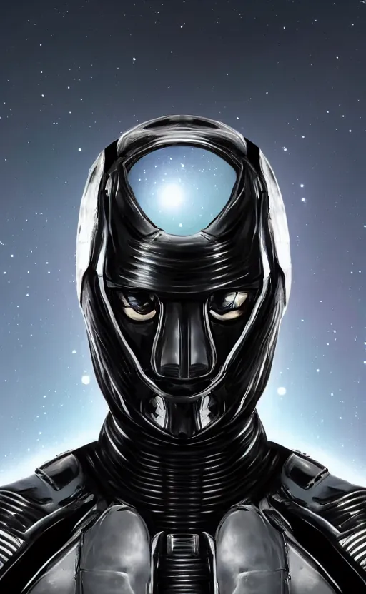 Image similar to symmetrical portrait photograph of beautiful black alien space armor