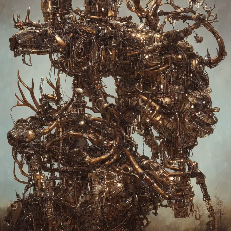 Prompt: Portrait of a humanoid cybernetic steampunk deer, 4k oil on linen andrei riabovitchev, nuri iyem, james gurney, james jean, greg rutkowski, highly detailed