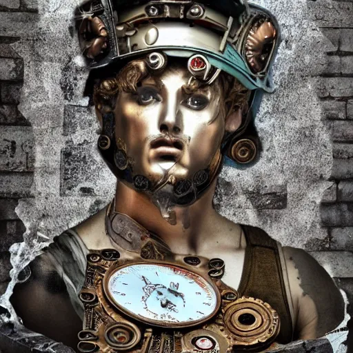 Image similar to steam punk roman god, contemporary collage, highly detailed, digital painting, 4 k, hdr, punk, fashion, smooth, sharp focus, art by nick knight, sandra chevrier and john hoyland