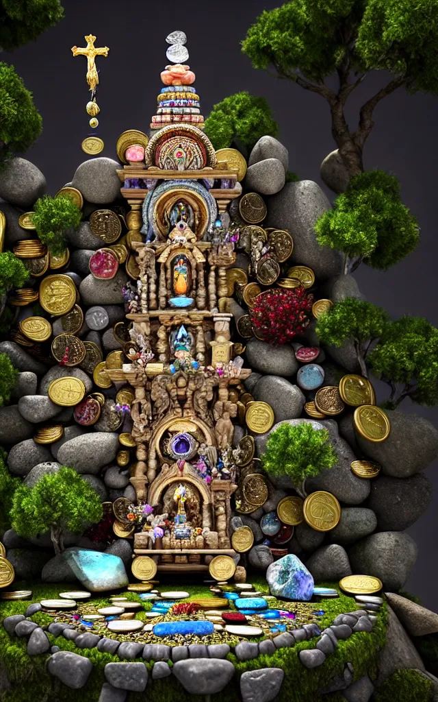 Prompt: Very nitid scene close view of humble altar made of stones, sacred totem with gems and food and feather and flower ,coins, godray, trees, wow clouds, stunning 3d render + dim volumetric lighting, 8k octane beautifully detailed render, post-processing, extremely hyperdetailed, intricate, epic composition, sparkling atmosphere, cinematic lighting + masterpiece, trending on artstation, very very detailed, masterpiece, stunning, a beautiful mermaid looking at the sunken city of Atlantic under water, ray of sunlight, detailed painterly digital art style by WLOP and , 8k octane beautifully detailed render, post-processing, extremely hyperdetailed, intricate, epic composition, grim yet sparkling atmosphere, cinematic lighting + masterpiece, trending on artstation, very detailed, vibrant colors, hyperrealistic mixed media painting of Gediminas Pranckevicius