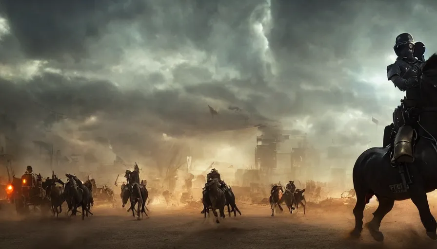 Image similar to police riding a mechanical horse through an orwellian town, troops searching the area, furious action scene, an epic fantasy, dramatic lighting, cinematic, establishing shot, extremely high detail, photorealistic, cinematic lighting, artstation, octane render, by Christopher Nolan, horizon forbidden west