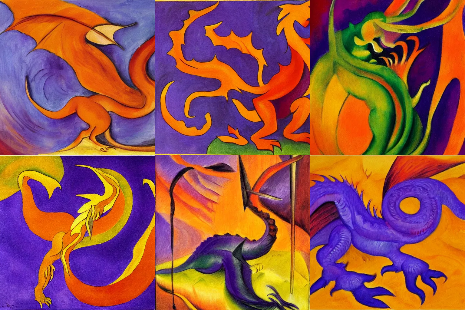 Prompt: an oil painting of an brown orange dragon by ( ( franz marc ) ), purple background gradient