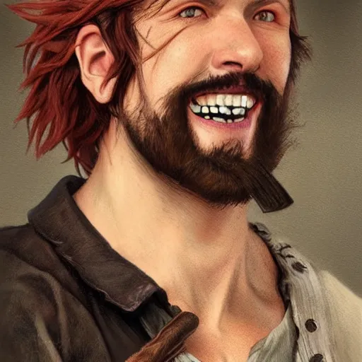 Prompt: portrait of a young rugged pirate, closed-lip!!!! smiling, male, masculine, handsome, upper body, red hair, long hair, D&D, fantasy, intricate, elegant, highly detailed, digital painting, artstation, concept art, sensual, matte, sharp focus, illustration, art by Artgerm and Greg Rutkowski and Alphonse Mucha
