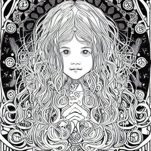 Image similar to clean simple line art of a little girl with wavy curly hair. no background. well composed, clean coloring book page, beautiful detailed face. coloring book line art by greg rutkowski and johanna basford and alphonse mucha