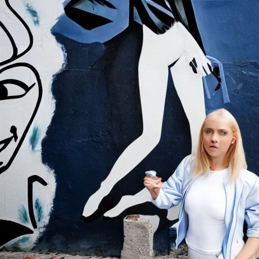 Prompt: platinum - blonde - haired hime - cut blue - eyed 1 9 - year - old nordic princess wearing white leggings and black jacket, adoring communist mural on wall, post - revolutionary era, toulouse france