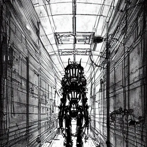 Image similar to ominous space station hallway by tsutomu nihei, inked, minute details, desolation, hyper realistic, cosmic horror, biomechanical, beautiful