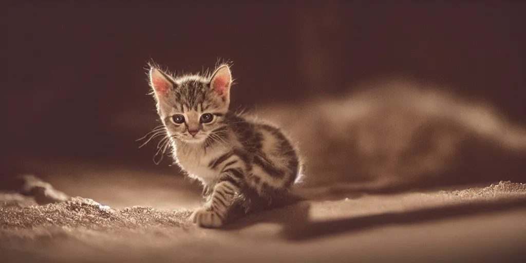Prompt: cinematic photo of a single kitten with long ears. it is lying in the snow under the moonlight, studio lighting, in the style of rodger deakins and greig fraser and david fincher and denis villeneuve, moody, rim light, beautiful lighting, 8 k, stunning scene, blade runner, dune, seven,