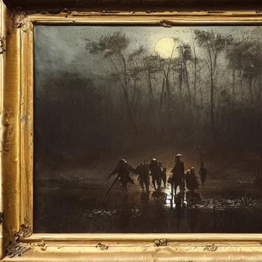 Image similar to an oilpainting of hunters from hunt showdown walking across a swamp at night, horror scene, moon light, bayou, silence, detailed