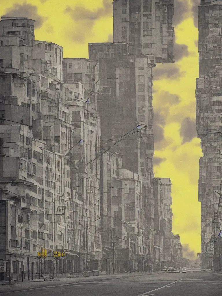 Prompt: gray street of the soviet city, the eighties, yellow sky as background, hyper realistic