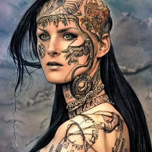 Image similar to a beautiful portrait of a heavily tattooed Roman woman Travis Charest style