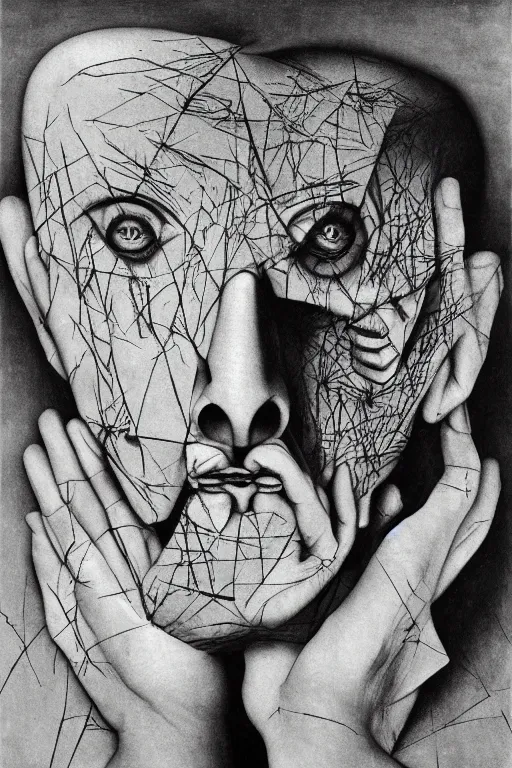 Prompt: dada nihilist discordian surreal collage of a beautiful crying sad face made of cut up art by mc escher, walt disney, hr giger and beksinski. 8 k resolution. william s burroughs