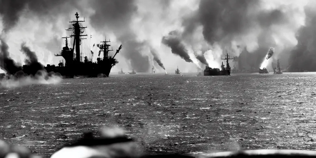 Prompt: dieselpunk naval battle, shots fired, clouds of smoke, burning ships, ships exploding, wide shot, 120 black and white film