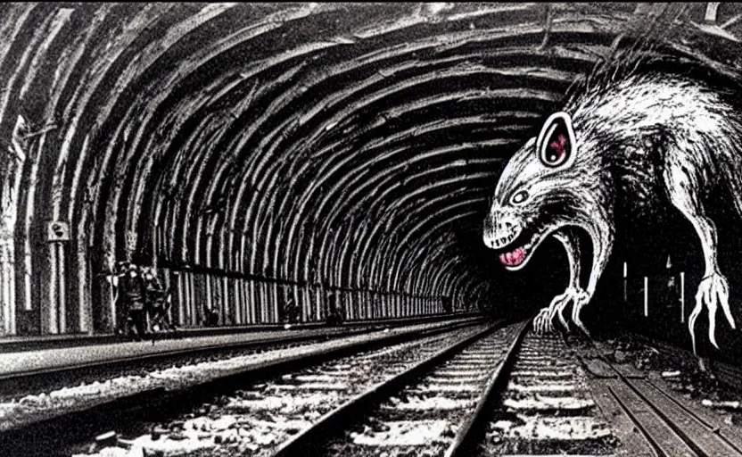 Image similar to very large giant mutant zombie irradiated ( angry rat ) staying on railways in tonnel of moscow subway. tonnel, railways, giant angry rat, furr, fangs, claws, very realistic. extreme long shot, wide angle, herman nitsch and herman nitsch, giger.