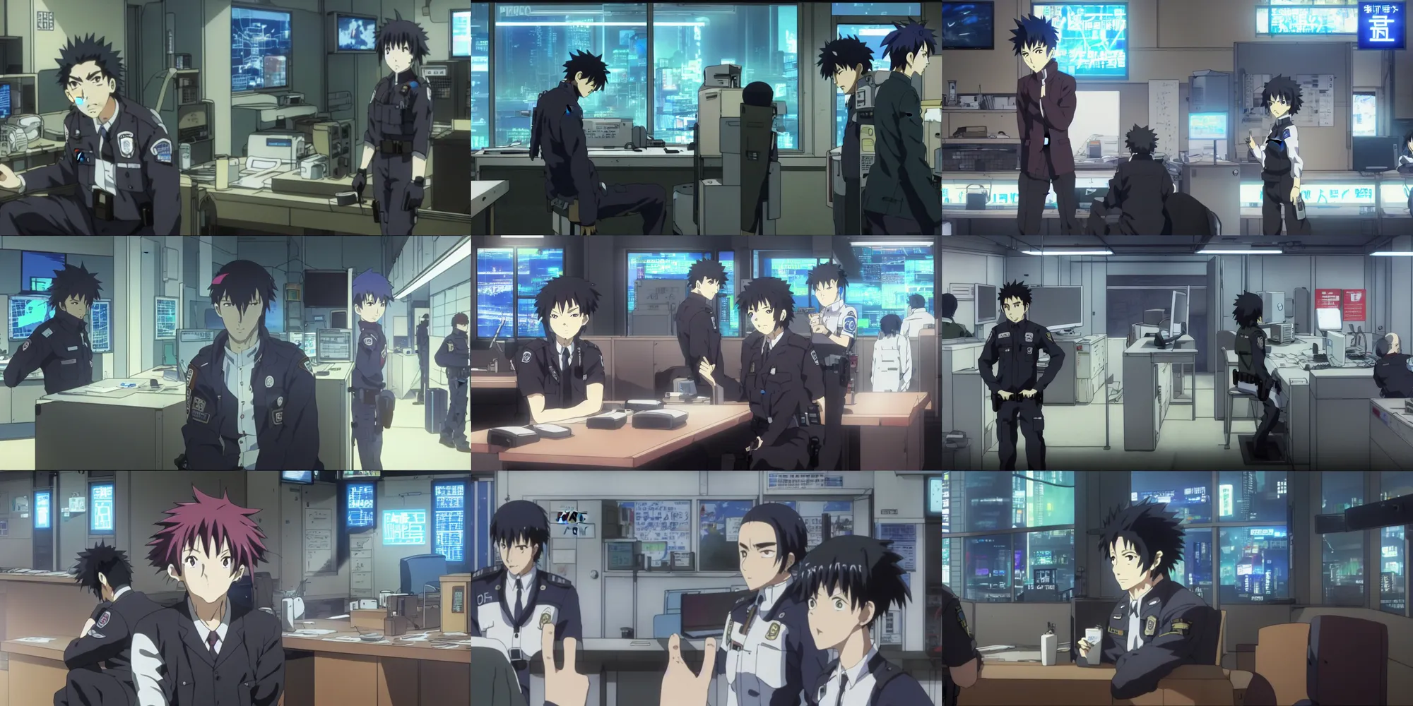 Prompt: a cyberpunk police police office in a quiet quiet quiet shop in the cyberpunk anime film, Shichiro Kobayashi, screenshot in the anime series ergo proxy ergo proxy and Detroit metal city, interior