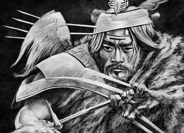 Image similar to toshiro mifune as an ancient warrior, extremely detailed, fantasy art, great quality, d & d,