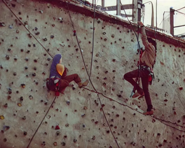 Prompt: lomo photo of basejumpers climbing on roof of soviet hrushevka, small town, cinestill, bokeh, out of focus