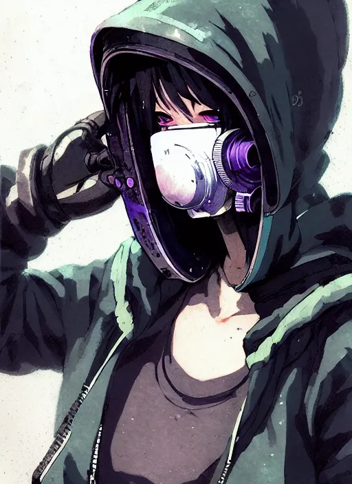 Image similar to cyberpunk anime girl in hoodie, cyberpunk gas mask, 3 / 4 shot, street night, grafity, beautiful face, grafity, arcane, action, tokyo street, detail, good face, pose model, concept art, in style of yoji shinkawa, pan ren wei, col price, atey ghailan, by greg rutkowski, aesthetic