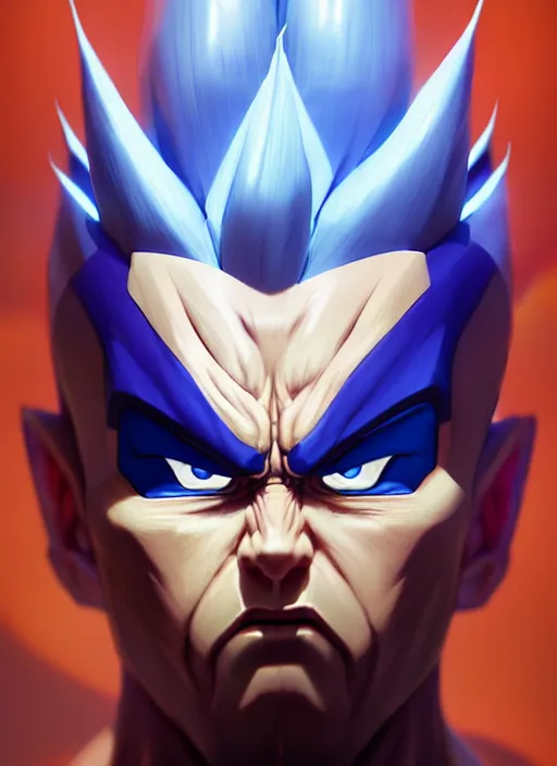 Image similar to by greg rutkowski, symmetry, concept art by artgerm, distance render portrait of a hyper realistic pixar vegeta, intense, epic, ssj, alphonse mucha, octane render, highly detailed, high quality, 8 k, soft lighting, path traced, and uang guangjian and gil elvgren, symmetry!!