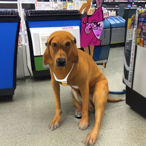 Prompt: drunken scooby at walmart checkout, realistic, cctv