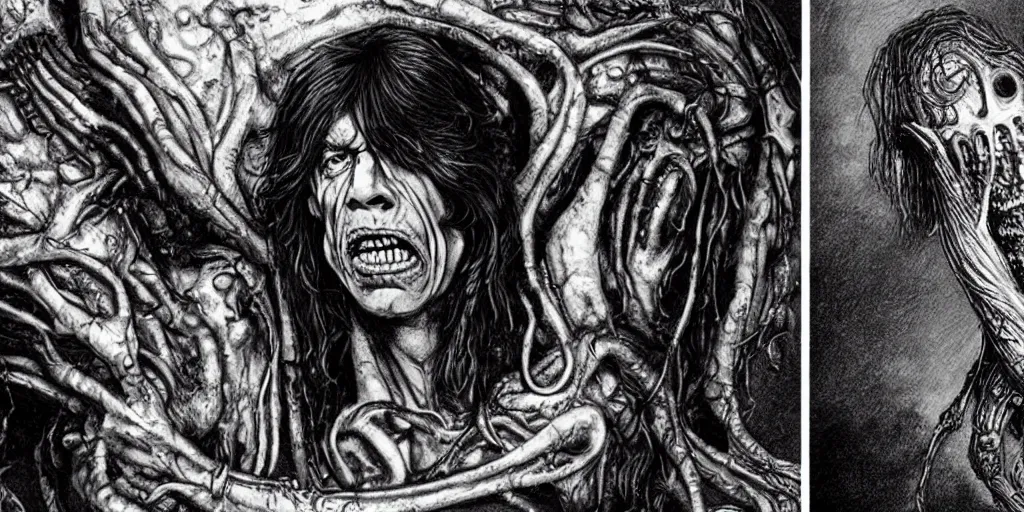 Prompt: mick jagger has an hp lovecraft fantasy horror dream, style of h.r. giger,