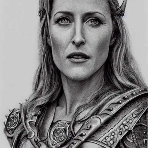 Prompt: hyper realistic pencil drawing of Gillian Anderson as a viking princess, intricate detail, beautiful, battle armor, war, fight, light, dragon, bright color palette