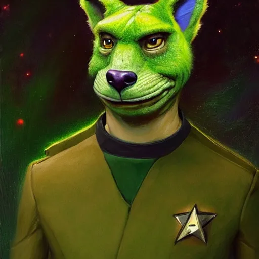 Image similar to a portrait of a male green reptile in star trek uniform at night in a dark forest. zootopia fursona furaffinity furry art detailed face painting by gaston bussiere craig mullins jc leyendecker gustav klimt artgerm greg rutkowski furry