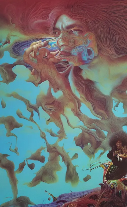 Image similar to ultrawide angle colour masterpiece surreal closeup portrait photography of jimi hendrix playing on stage by miho hirano and annie leibovitz and michael cheval, weird surreal epic psychedelic complex biomorphic 3 d fractal landscape in background by kilian eng and roger dean and salvador dali and beksinski, 8 k