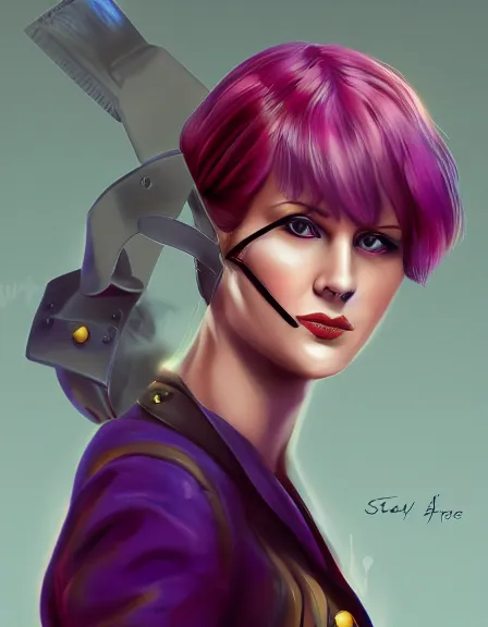 Image similar to smart female pirate captain 2 6 years old, bob haircut, fully clothed, wise, beautiful, portrait by stanley artgerm, dramatic lighting, trending on artstation, flat colour, geometric curves, gradient filter, red and purple and yellow back light, art deco pattern, sharp focus